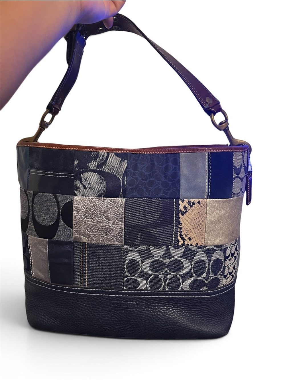 Coach Patchwork Hobo Bag in Black and Gray with Metallic Accents